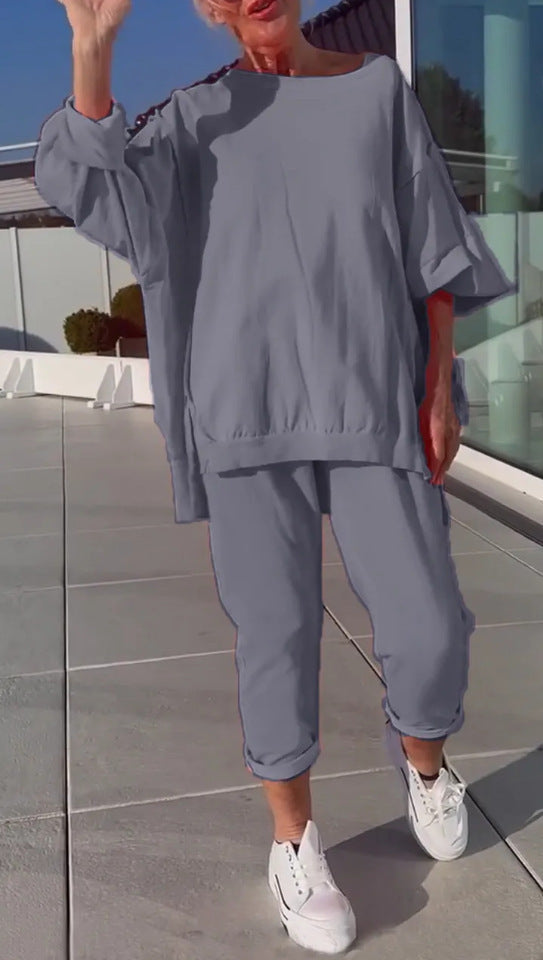 Teresa | Dwuczęściowy komplet damski z topem z okrągłym dekoltem i spodniami