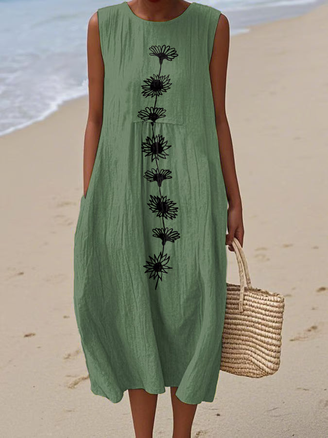 Damska sukienka bez rękawów z okrągłym dekoltem i nadrukiem