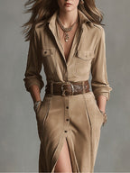 Damska brązowa modna sukienka z zamszu midi