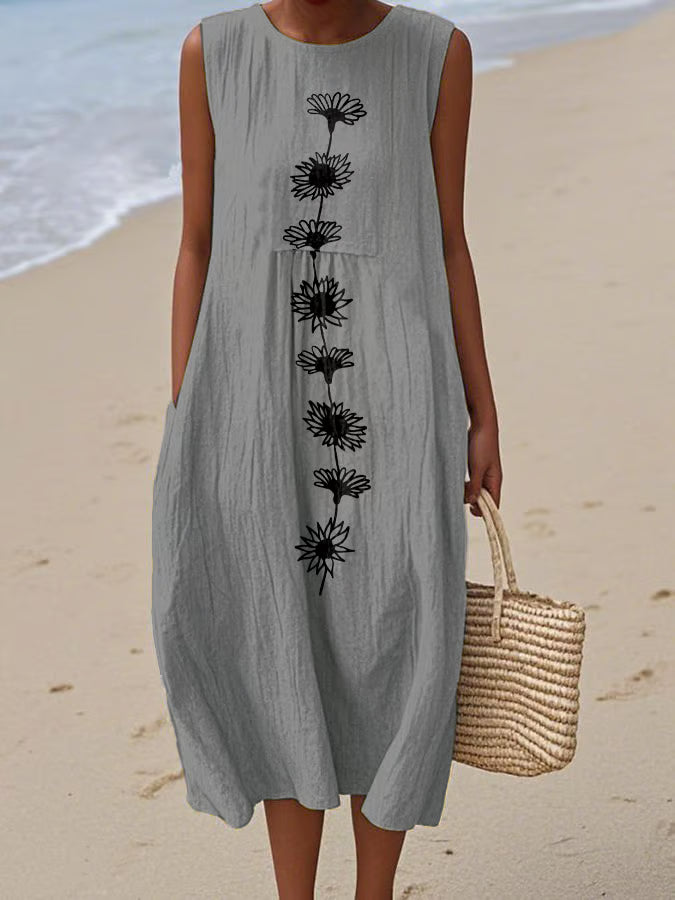 Damska sukienka bez rękawów z okrągłym dekoltem i nadrukiem