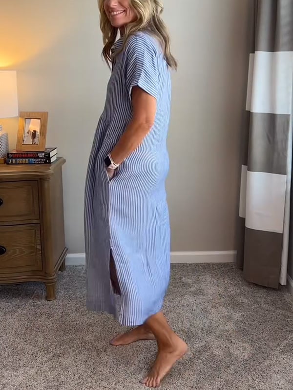 Malina | Sukienka maxi w paski z klapami i guzikami