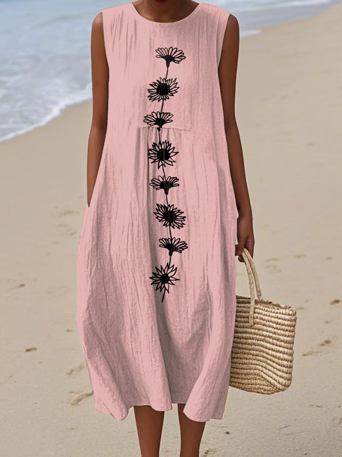 Damska sukienka bez rękawów z okrągłym dekoltem i nadrukiem