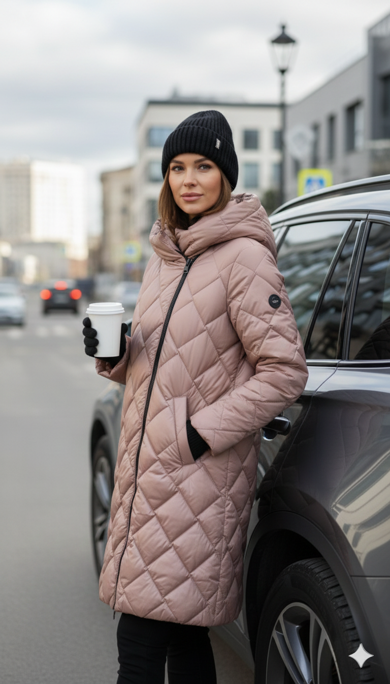 Bogna | Elegancka pikowana kurtka puchowa z kapturem