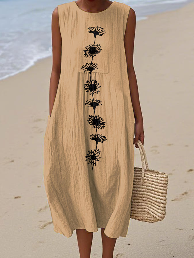 Damska sukienka bez rękawów z okrągłym dekoltem i nadrukiem