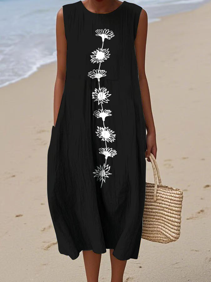 Damska sukienka bez rękawów z okrągłym dekoltem i nadrukiem