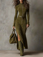 Vintage Zielona Sukienka Maxi z Zamkiem i Paseczkiem