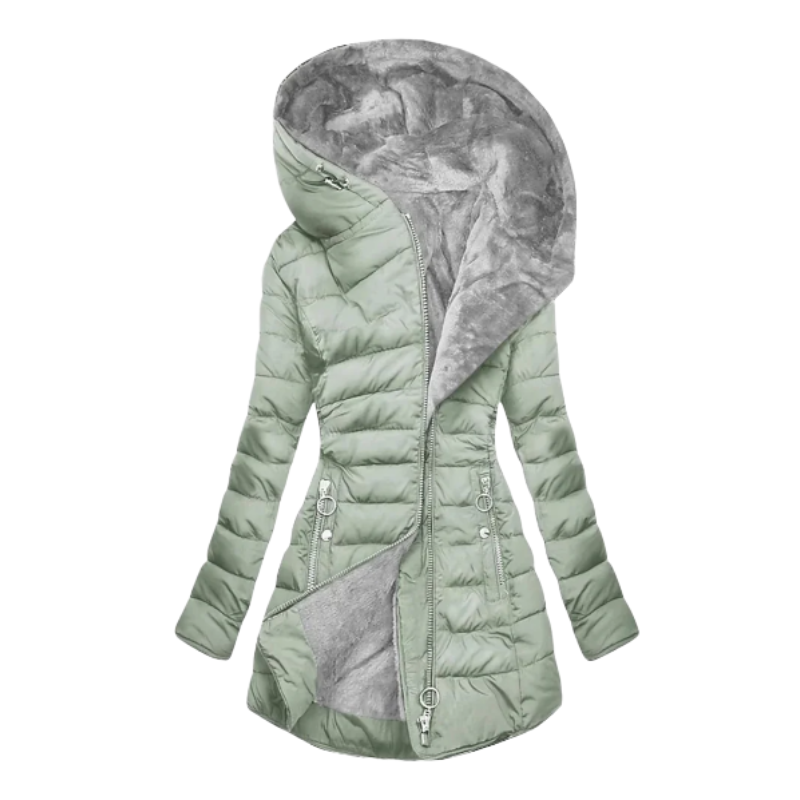 Lucia | Ciepły płaszcz zimowy damski z kapturem i podszewką z ekofutra