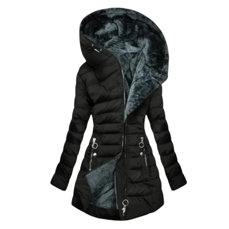 Lucia | Ciepły płaszcz zimowy damski z kapturem i podszewką z ekofutra