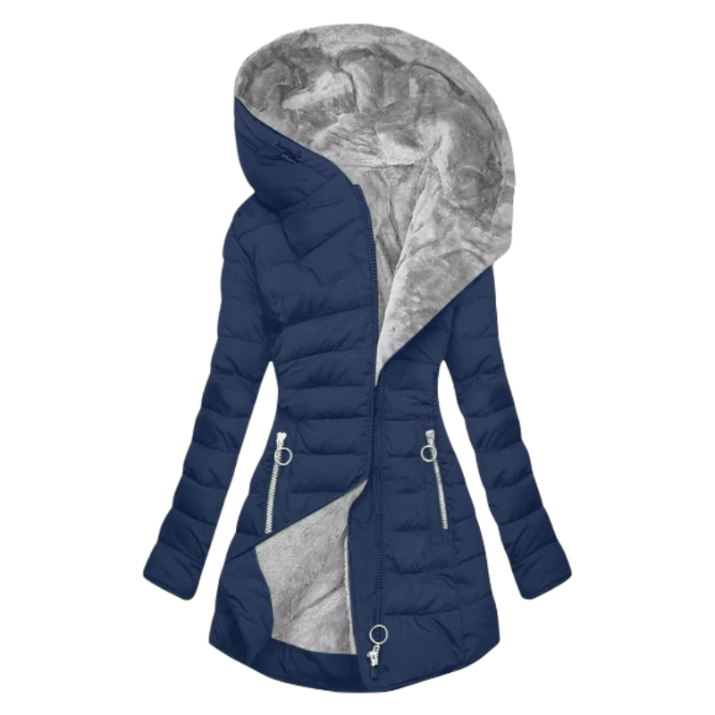 Lucia | Ciepły płaszcz zimowy damski z kapturem i podszewką z ekofutra