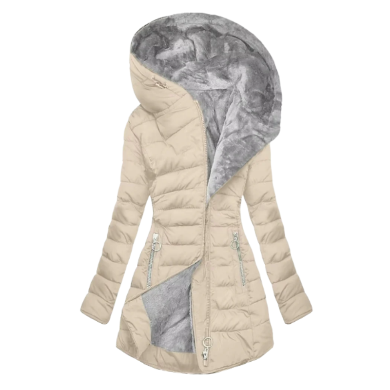 Lucia | Ciepły płaszcz zimowy damski z kapturem i podszewką z ekofutra