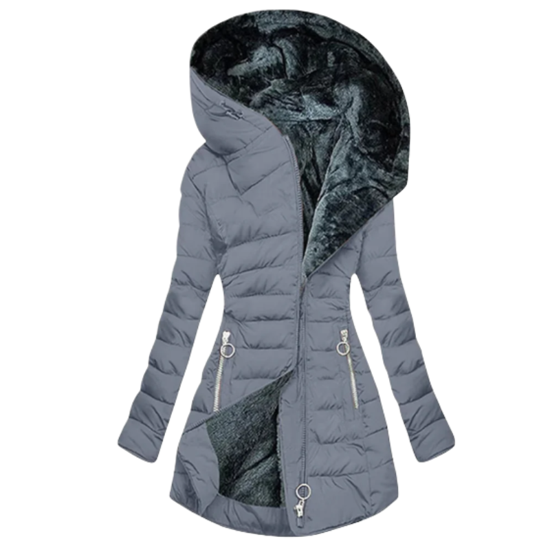 Lucia | Ciepły płaszcz zimowy damski z kapturem i podszewką z ekofutra