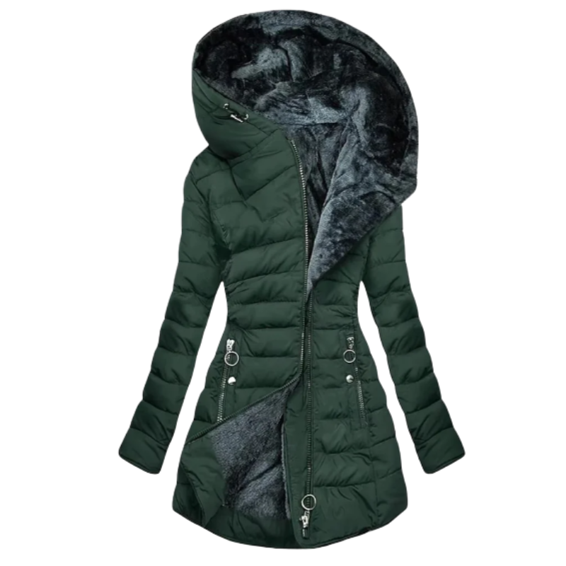 Lucia | Ciepły płaszcz zimowy damski z kapturem i podszewką z ekofutra