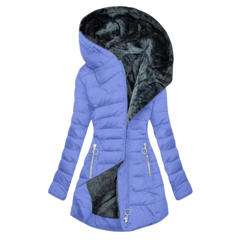 Lucia | Ciepły płaszcz zimowy damski z kapturem i podszewką z ekofutra