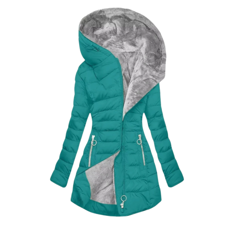 Lucia | Ciepły płaszcz zimowy damski z kapturem i podszewką z ekofutra